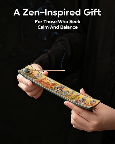 Chinese Incense Stick Holder with Ash Catcher - Ceramic Incense Burner with Ancient Painting, for Zen Meditation, Home Decor & Gift Imperial Dragons