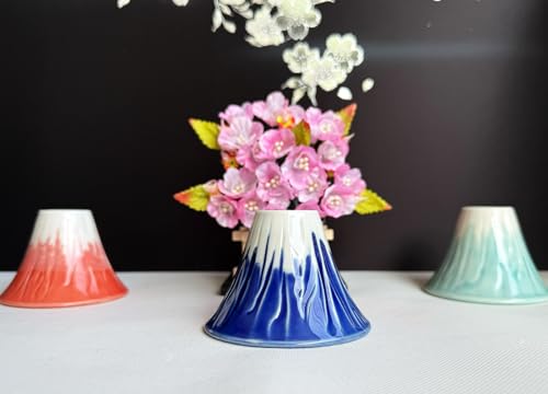 Japanese Sake Cup Mount Fuji Design Wine Soju Porcelain Ochoko Gifts (Blue Red Snow, 3 Ochoko) Blue Red Snow