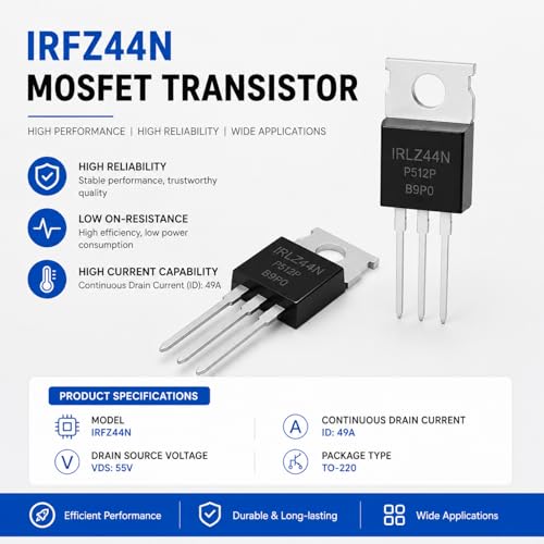 IRLZ44N N-Channel MOSFET Transistor 55V 47A 3-Pin IRLZ44N MOSFET TO-220 Module for Switching PWM DIY Electronics High Performance MOSFET Set for Power Supplies and Motor Controls Pack of 10