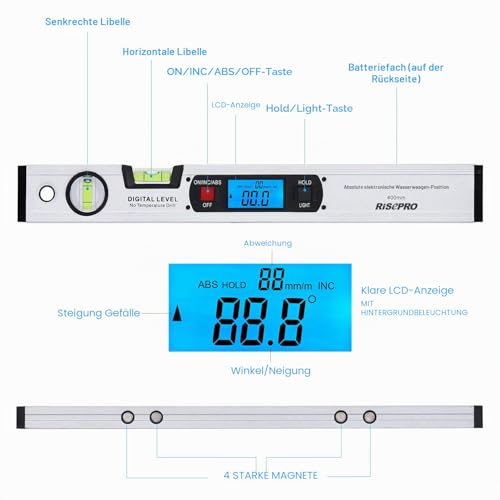 Inclinometer, RISEPRO Digital Inclinometer Angle Finder Gauge Spirit Level Upright Magnet 360° Range 416mm Long with Backlight 82112 S Silver