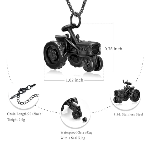 Oinsi Men Keepsake Jewelry Stainless Steel Farm Tractor Cremation Necklace For Ashes For Dad Memorial Urn Necklace Pendant Black