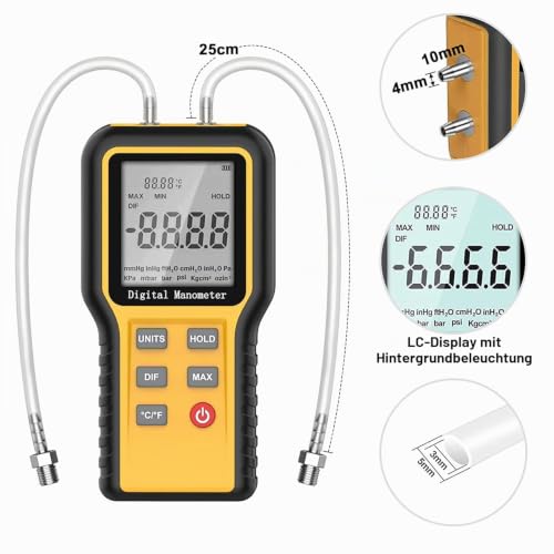 Kethvoz Differential Pressure Gauge HVAC Gas Pressure Gauge with Two Ports for Measuring Airflow Gas Differential Pressure ±2.999 psi / ±20.68 kPa, 12 Selectable Units & Data Storage KE-QX1201
