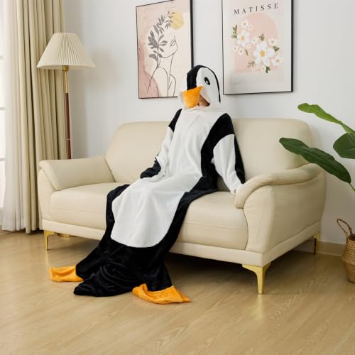 Wearable Penguin Blanket Hoodie Sleeping Bags for Adults Women Men Super Soft Warm Cozy Flannel Fleece Blanket Penguin Gifts(L,Suitable Height 4'11"-5'5") Cosplay Penguin Large