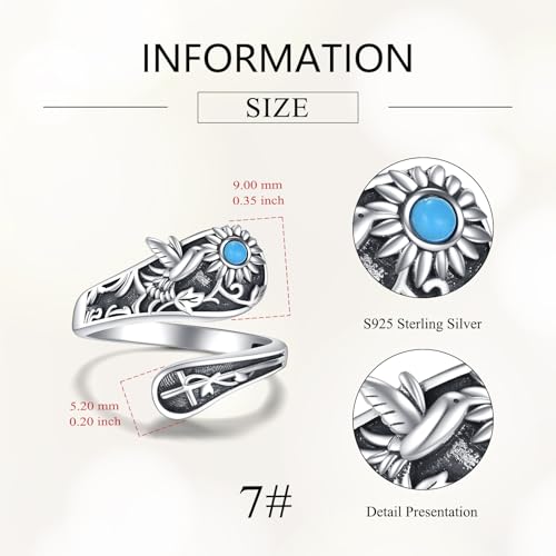 Sunflower/Hummingbird/Mountain Spoon Ring Sterling Silver Vintage Adjustable Antique Spoon Rings for Women Flower Wide Thumb Ring Hummingbird Urn