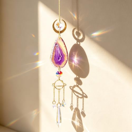 Crystal Suncatcher Hanging for Window, Tree of Life Sun Catcher with Prisms and Agate Slices, Garden Suncatchers for Home Outdoor Wedding Decor, Lemon Yellow
