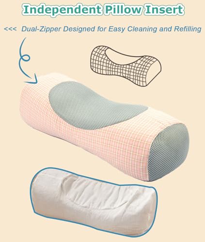 Buckwheat Neck Roll Pillow for Sleeping, 5''x15'' Small Lumbar Roll Pillow for Stiff Pain Relief, Neck Support Back Pain Relax Bolster Pillow with Breathable Plaid Pillow Covers (Pink) Pink