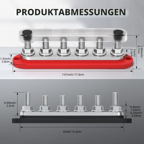 JoinfWorld Busbar 12v-48V,300A Power Distribution Block (BB300-T6M10) | Busbar busbar, 6 x M10 (3/8 inch) connection bolts, up to 48 V DC/300 V AC, with cover, for car, boat, solar system BB300-T6M10