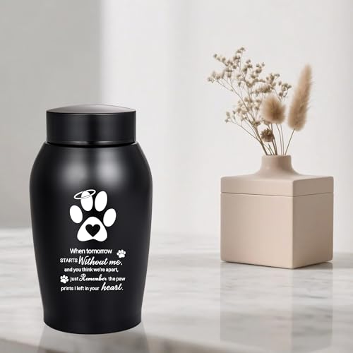 Pet Urns for Dogs Ashes - Paw Print Cremation Jewellery Black Memorial Keepsake Urn, Remembrance for Pet Loss When tomorrow starts without me