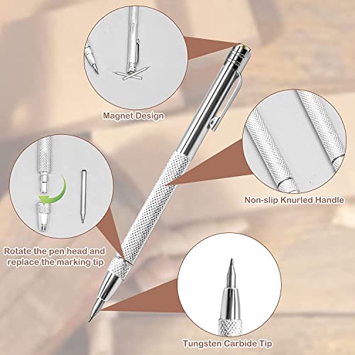 4 Pcs Tungsten Carbide Etching Tool with 20 Replacement Tips, Aluminium Carbide Engraving Pen With Clip, Metal Engraving Tool for Glass Ceramics and Hardened Steel Sheet silver