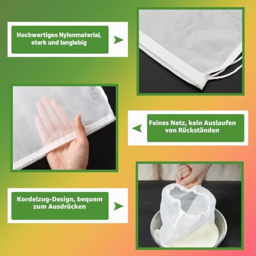 Pack of 10 Nut Milk Bags 20 x 30 cm Straining Cloth 100 Micron Nylon Straining Cloth Reusable Cheesecloth Cheesecloth Washable Filter Bags for Nut Milk Yoghurt Vegetables Coffee Fruit Juice Fruit Juice 100 Micro/20×30cm/10pcs