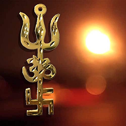 Spiritual Bro Mart Brass Ashtdhatu Tri Shakti Trishul Om Swastika Yantra Metal Wall Hanging Showpiece Ornament Hindu Religious/House/Office Protection from Evil Eye Effect