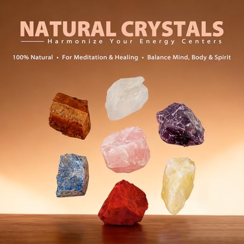 7 Chakra Healing Crystals Set - 7 Raw Stones, Wooden Box & Guide 7 Colors