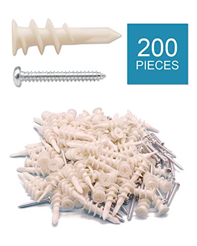 IMSCREWS plastic self-drilling drywall anchors with screws assortment kit, 13x42mm, 200 pieces