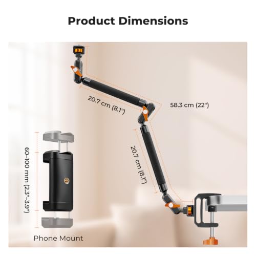 K&F CONCEPT 22" Magic Arm with Desk C-Clamp, Overhead Desk Camera Mount 22" Magic Arm with C-Clamp