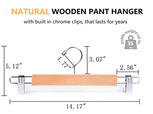 Amber Home 10 Pack Wooden Pant Hangers with Adjustable Clips, 14.17" Ntural Natural