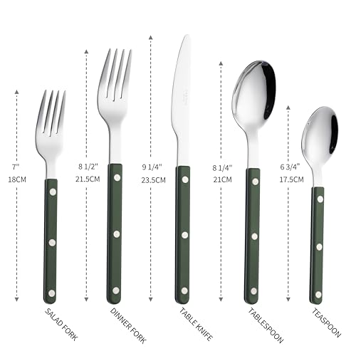ANNOVA Silverware Set, Retro/Rivet Colorful Stainless Steel Tableware Kitchen Flatware Set Utensils, Includes Dinner Knives, Forks, Spoons, Salad Forks & Dessert Spoons (Dark Green, 10 Pieces) Dark Green