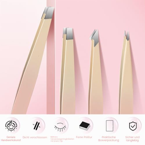 Set of 4 Stainless Steel Tweezers Set Mirror for Eyebrow Facial Hair | Stainless steel, ergonomic handle. 4 different tweezers for eyelashes, eyebrows, fine hairs, travel daily.