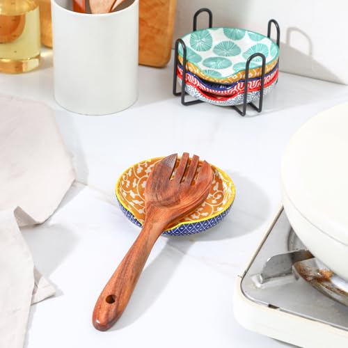 Selamica 4.8 Inch Ceramic Spoon Rest with Holder, Set of 4, Assorted Colors With Holder, 4.8 Inch