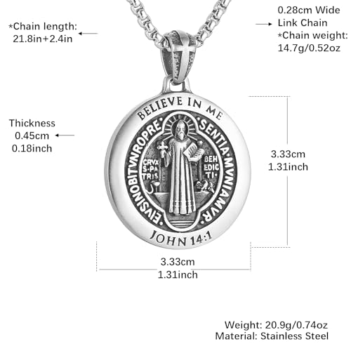 HZMAN Saint Benedict Medal Necklace for Men, Stainless Steel Vintage Matte Religious Pendant, 22"+2" Adjustable Chain Christian Faith Protection Jewelry for Men