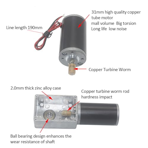 12V 8mm Shaft Worm Gear Motor, High Torsion Low Noise Metal Electric Turbo Speed Reduction Motor with Ball Bearing(12V 50RPM)