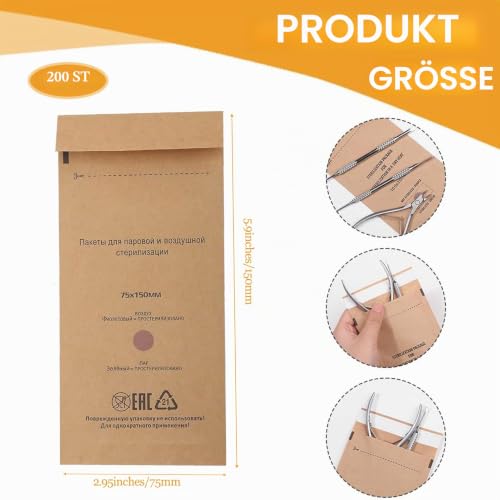 Sterilization Bag, Sterilization Bag, Disposable Nail Accessories, Disposable Accessories for Nail Sterilisers, Disinfectant Machines, for Cosmetics and Nail Tools, 75 x 150 mm (Pack of 200) 200 pieces