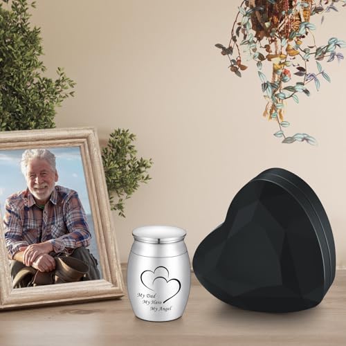 Dletay 1.57 Inches Small Cremation Keepsake Urns for Human Ashes with Heart Box Mini Cremation Urn Small Funeral Urns for Ashes Stainless Steel Funeral Urn-My Dad My Hero My Angel My Daddy-Heart Box