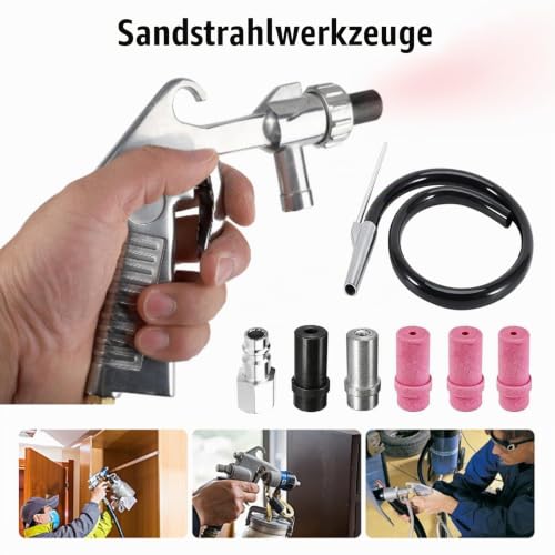 Sandblasting Gun Compressed Air Set, Sand Blasting Gun Kit with 1 m Rubber Hose, Sand Blaster with Nozzles of Various Calibres, for Sandblasting Device for Professional and DIY Projects