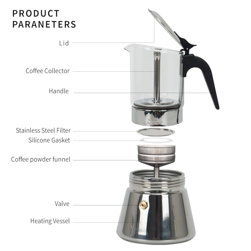 LAOION 6-cup silver stovetop espresso maker, Moka pot for Cuban coffee, 240ml capacity, stainless steel design