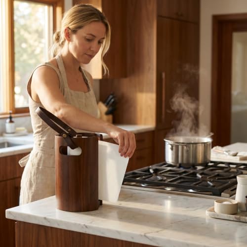Wooden Paper Towel Holder, Wood Paper Towel Holder Countertop with Anti-Slip Base, Leather Handle and Splash Guard Plate for Kitchen and Bathroom, Living Room, RV