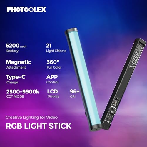 PHOTOOLEX Magnetic Light Wand, 360° RGB Tube Light, LED Video Light Stick 320mm