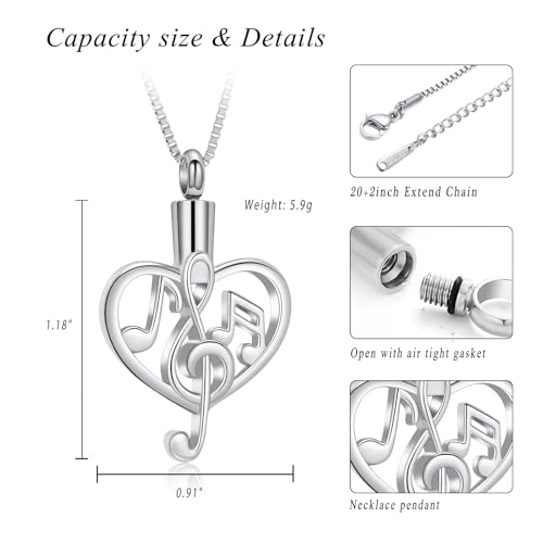 XSMZB Music Note Cremation Urn Necklace for Ashes of Loved One Heart Memorial Locket Hold Ashes Keepsake Pendant for Women Men Silver
