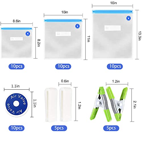 30 PCS Reusable Vacuum Sealer Sous Vide Bags for Food with 5 Cooking Clips, 5 Sealing Clips, 3 Sizes Vacuum Food Storage Bags with 10 Replacement Air Valves Suitable for Sous Vide Cooker