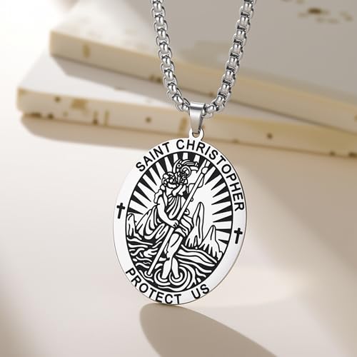 VASSAGO Saint Christopher Necklace St Christopher Medal Pendant Amulet Necklace Religious Protection Jewelry for Men Women silver