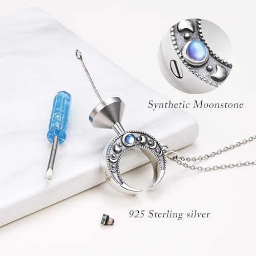 Moonstone Urn Necklace for Ashes - 925 Sterling Silver Plated Crescent Moon Phase Charm Circle Pendant for Women - Ashes Keepsake Memorial Jewelry