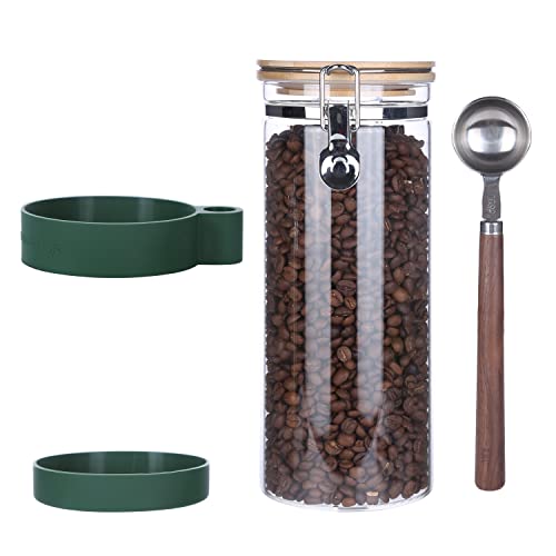 KKC Vacuum Sealed Coffee Bean Storage Container with Scoop,Airtight Glass Container Jar with Hinged Lid and Spoon for Ground Coffee,Loose Leaf Tea,Brown Sugar,Nut,Oatmeal,54 Fl oz 54 Floz + Scoop +Silicon sleeve