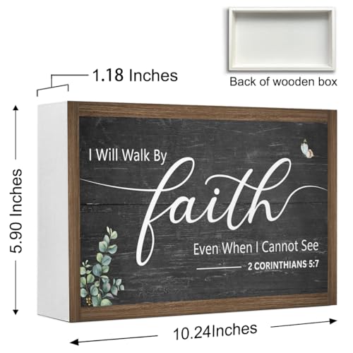 I Will Walk By Faith Wooden Box Sign Decor,2 Corinthians 5:7 Scripture Religious 10.3x6 Inches Wood Block Prayer Sign for Christian Home Office Shelf Wall Decor 2 Corinthians 5:7