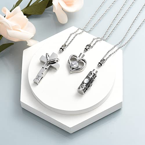 shajwo 3 Pack Urn Necklace for Ashes for Women Gilrs Heart Cross Cylinder Cremation Jewelry for Ashes Memorial Keepsake Birthstone Pendant White