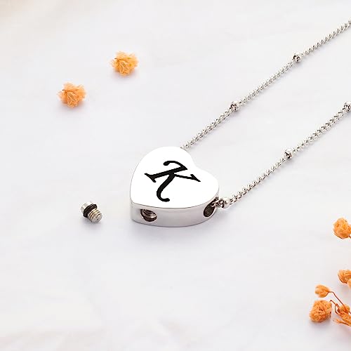 XIUDA Cremation Jewelry for Ashes Personalized Initial Heart Urn Necklace for Women Men Stainless Steel Keepsake Memorial Pendant for Human Ashes Silver, K