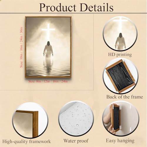 Jesus Walking on Water Canvas Wall Art - Modern Framed Christian Decor, Divine Light Toward Holy Cross, Spiritual Religious Pictures for Prayer Room, Church, Home Office (12x16in) Framed-2 16"L x 12"W