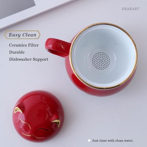 DEARART Beautiful Tea Cup Portable Set, 10.8oz Mug and 2-Cups, Wide Mouth Easy to Clean Keep Tea Hot, Steeping Loose Leaf Tea Bag, Cute Cat, Red Red ( Portable Set)