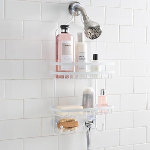 Bath Bliss Shower Head Caddy, Suction Cup Backing, 2 Tier Shelving & 6 Accessory Hooks, White (23386-WHITE)