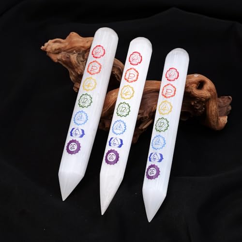 Runyangshi 1Pcs Chakra Selenite Stick 6", Engraved with 7 Chakra Symbols for Meditation, Energy Healing, Spiritual Balanc