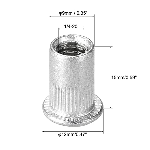 uxcell silver 1/4-20 aluminium alloy knurled flat head rivet nuts, 100-piece threaded insert set