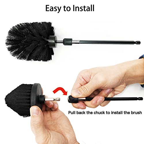 Drill Brush Attachment Set, 7 Pack 1/4in Power Scrubber Brush + Extend Long Attachment, Brush Drill Attachment, Power Cleaning Scrub Brush for Bathroom, Tub, Tile, Corner, Floor（Black） Black