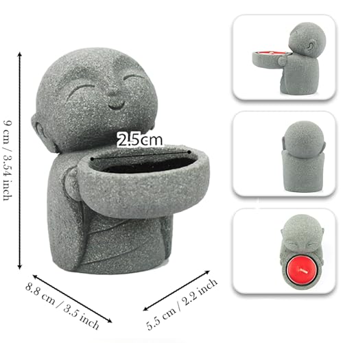 Sandstone Monk Tealight Candle Holder, Zen Desk Decor Gray