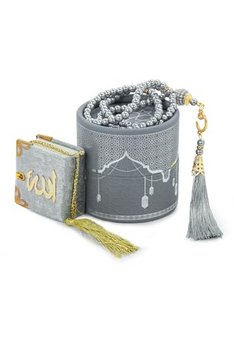 ihvan online Mini Quran & Tesbih Gift Set with Cylinder Box – 99 Pearl Muslim Prayer Beads, Misbaha Tasbeeh Sibha Mala – Islamic Ramadan, Eid & Mawlid Gift for Men & Women, Gray
