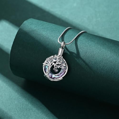 Tree of Life Cremation Jewelry Urn Necklaces With Mini Heart for Ashes Memorial Keepsake Pendant for Women Gifts With Funnel Kit & Bag Silver+Pink