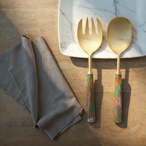 Creative Co-Op stainless steel salad servers with gold handles, 2-piece set, featuring elegant design and comfortable grip.