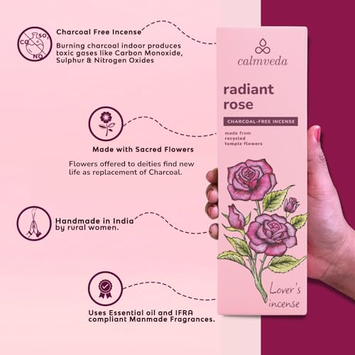 CALMVEDA, Radiant Rose Incense with Rosewood Incense Holder (80 Sticks +1 Holder) | Beautiful Natural Incense and Holder Combo for Home Decor and Spiritual Practice