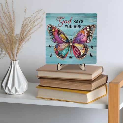 Inspirational Bible Verse Wooden Plaque Sign Decor, Christian Gifts Religious Gifts for Women, Christian Home Office Desk Butterfly Decor, God Says You Are Unique (Light blue, 5.9 x 5.9 inches) Light blue